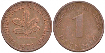 ФРГ 1 ПФЕННИГ 1972 J KM 105, J. 380 сталь плакированная медью 4547-1132