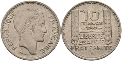 Франция 10 франков 1949 В, тип Пьер Турин, Petite Tete KM 909.2, Le Franc 362.7 медно-никель 81-1134