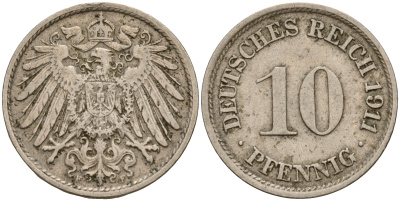 Германия 10 пфеннигов 1911 F J. 13,  KM 12 медно-никель    4603-727