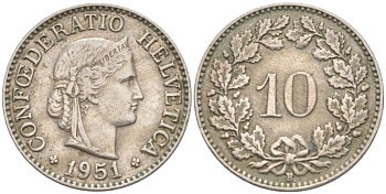 ШВЕЙЦАРИЯ 10 РАППЕНОВ 1951 В KM 27 медно-никель 55-233