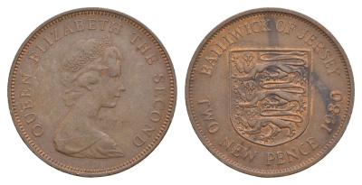 Джерси 2 новых пенса 1980 герб, Елизавета II (1952-2022) KM 31 бронза 4660-213