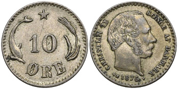 ДАНИЯ 10 ЭРЕ 1875 КРИСТИАН IX (1863-1906), ПРОБА 400 KM 795.1 серебро VF+ 4549-1147