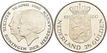 Нидерланды 2 1/2 гульдена 1980 коронация Беатрикс, 30 апреля 1980 KM 201 никель 4593-615