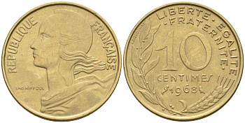 Франция 10 сантимов 1968 тип Марианна KM 929 медь алюминий никель 4594-1156