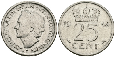 НИДЕРЛАНДЫ 25 ЦЕНТОВ 1948 ВИЛЬГЕЛЬМИНА KM 178 никель 46-1921