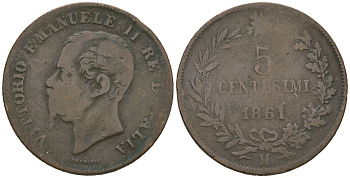 Италия 5 чентезимо 1861 M, Виктор Эммануил II (1861-1878) KM 3.2 бронза 113-145