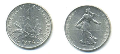 ФРАНЦИЯ 1 ФРАНК 1974 СЕЯТЕЛЬ KM 925.1 никель 57-235