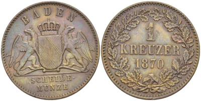 Баден 1 крейцер 1870 Великий Герцог Фридрих I (1856-1907) КМ 242 медь 117-841