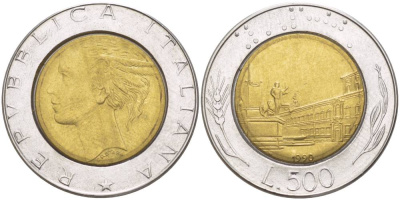 Италия 500 лир 1990 R, Квиринальский дворец в Риме KM 111 биметалл 4551-547