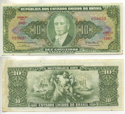 БРАЗИЛИЯ 10 КРУЗЕЙРО 1962 ПОДПИСЬ 10 Pick 177a бумага 3295-8-1