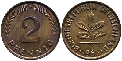 ФРГ 2 ПФЕННИГА 1965 G KM 106, Jager 381 бронза 4546-935