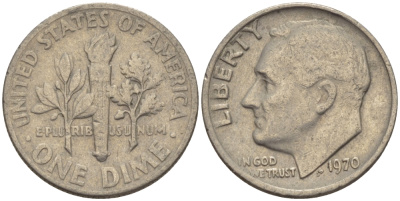 США 10 ЦЕНТОВ = 1 ДАЙМ 1970 РУЗВЕЛЬТ KM 195а медь плакированная медно-никелем 66-1115