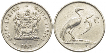 ЮАР 5 центов 1971 герб, райский журавль KM 84 никель 105-1024