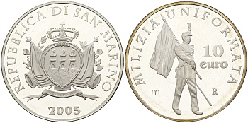 Сан-Марино 10 евро 2005 милиция, карабинеры, в оригинальной коробке, с сертификатом KM 344 серебро PROOF 14-01-04-10