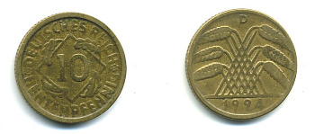 ГЕРМАНИЯ 10 РЕНТЕНПФЕННИГОВ 1924 D KM 33, J. 309, Weege 8 алюминиевая бронза 46-1353