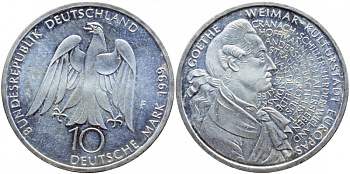 ФРГ 10 марок 1999 F, 250 лет со дня рождения Иоганна Гете KM 197 серебро UNC 1520-1522