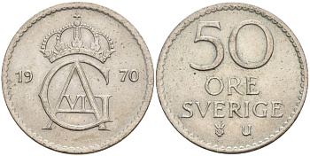 Швеция 50 эре 1970 U, Густав VI Адольф (1950-1973) KM 837 медно-никель 4538-441