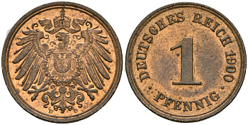 Германия 1 пфенниг 1900 D, Вильгельм II (1888-1918) KM 10, J. 10 медь 4608-611