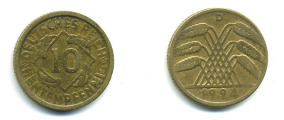 ГЕРМАНИЯ 10 РЕНТЕНПФЕННИГОВ 1924 D KM 33, J. 309, Weege 8 алюминиевая бронза 46-1353