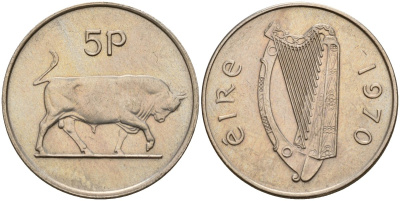 Ирландия 5 пенсов 1970 бык KM 22 медно-никель 4141-253