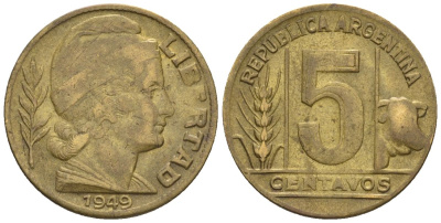 Аргентина 5 сентаво 1949 голова свободы вправо KM 40, CJ 221, Schon 43 алюминиевая бронза    4609-1137