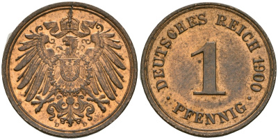 Германия 1 пфенниг 1900 D, Вильгельм II (1888-1918) KM 10, J. 10 медь 4608-611