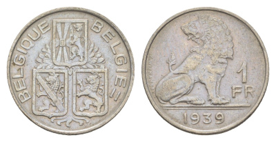 Бельгия 1 франк 1939 Belgique - Belgie, Леопольд III (1934-1951) KM 119 никель 4173-656