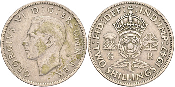 Великобритания 2 шиллинга (флорин) 1947 Георг VI (1936-1952) KM 865, Spink 4102 медно-никель 189-536