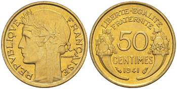 ФРАНЦИЯ 50 САНТИМОВ 1941 ТИП MORLON KM 894.1, LE FRANC 192.18 алюминиевая бронза 44-527