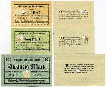 МАЙНЦ, ГЕРМАНИЯ НАБОР ИЗ 3 БАНКНОТ 1918-1919 16 ОКТЯБРЯ 1918 - 1 ФЕВРАЛЯ 1919, НОТГЕЛЬД, ЗЕМЛЯ РЕЙЛЯНД-ПФАЛЬЦ (5, 10, 20 МАРОК) Geiger 341.01a, 341.03a, 341.05a бумага аUNC 8613-15-2