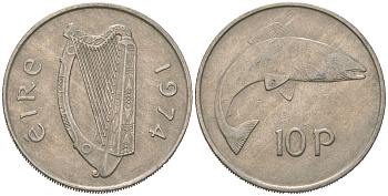 Ирландия 10 пенсов 1974 лосось KM 23 медно-никель 4619-656