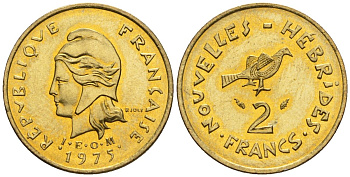 Французские Новые Гебриды 2 франка 1975 заморские территории KM 5.2 никель-латунь  aUNC  4609-941
