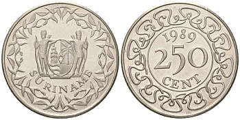 Суринам 250 центов 1989 KM 24 медно-никель BU 4172-152