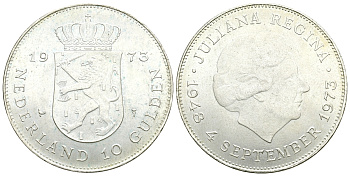 Нидерланды 10 гульденов 1973 25 лет правления королевы Юлианы KM 196 серебро 74-514