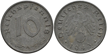 Германия 10 рейхспфеннигов 1943 A KM 101, J.371 цинк 4151-234