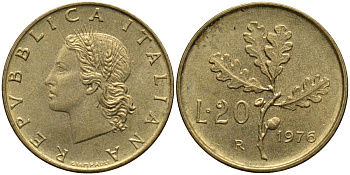 Италия 20 лир 1976 R, дубовая ветвь KM 97.2 алюминиевая бронза 4171-925