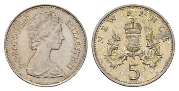 Великобритания 5 пенсов 1980 Елизавета II (1952-2022) KM 911, Spink 4233 (D1) медно-никель 186-545