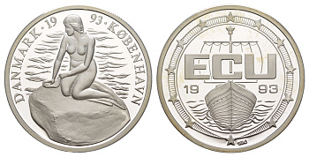 Дания 1 экю 1993 Копенгаген, Русалочка X 22 серебро PROOF 1083-5-44