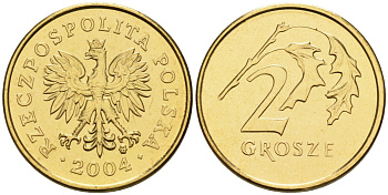 Польша 2 гроша 2004 MW KM 277, Parchimowicz 702k латунь UNC 02-264-23