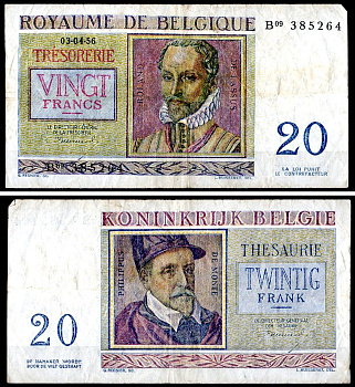 Бельгия 20 франков 1956 Pick 132 b бумага 6300-23-2-2