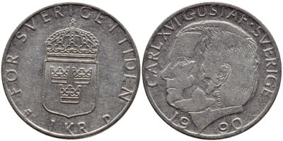 Швеция 1 крона 1990 Карл XVI Густав (1973- ) KM 852a медно-никель 4398-1237