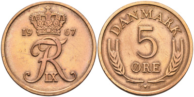 Дания 5 эре 1967 С. S, Фредерик IX (1947-1972) КМ 848.1 бронза    4177-157