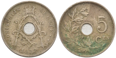БЕЛЬГИЯ 5 САНТИМОВ 1922 BELGIE KM 67 медно-никель 187-961