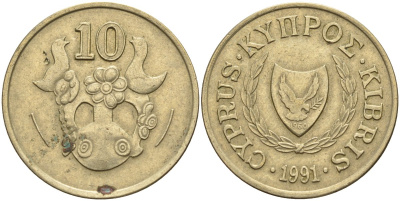 Кипр 10 центов 1991 KM 56.3 никель латунь 4141-1156