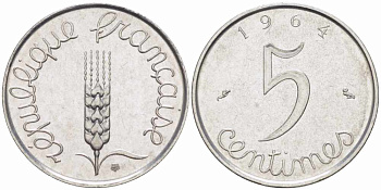 ФРАНЦИЯ 5 САНТИМОВ 1964 ПЯТАЯ РЕСПУБЛИКА KM 927, LE FRANC 124.6 хромированная сталь 105-435