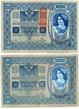 АВСТРИЯ 1000 КРОН 1919 КРАСНАЯ ВЕРТИКАЛЬНАЯ НАДПЕЧАТКА НА 1902 Pick 59 бумага 6262-12-2-2