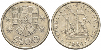 ПОРТУГАЛИЯ 5 ЭСКУДО 1980 ПАРУСНИК KM 591 медно-никель 87-1114