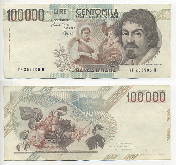 Италия 100000 лир 1983 Караваджо, фруктовый букет, подпись Speziali Pick 110b бумага 7220-22-2