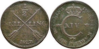 Швеция 1/2 скиллинга 1827 Карл XIV Юхан (1818-1844) KM 596 медь 59-2023