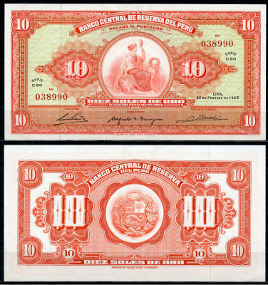 Перу 10 солей 1965 сидящая свобода, American Bank Note Company Pick 88  бумага  аUNC  3295-33-1-1